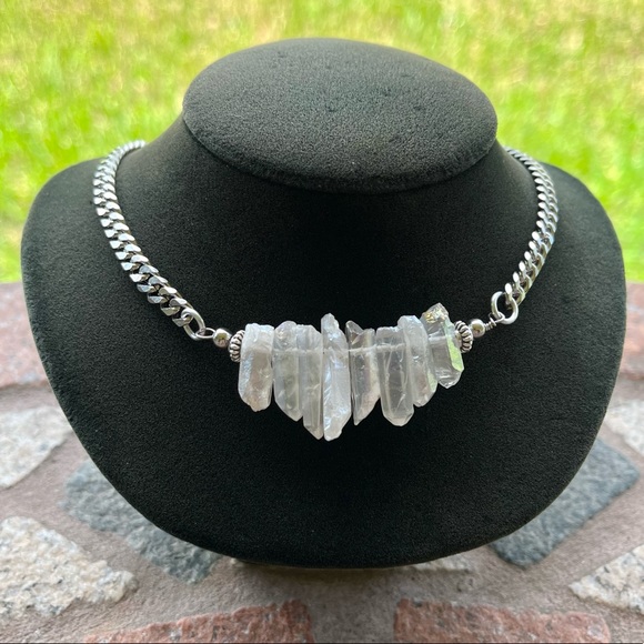 Angel aura crystal quartz on stainless steel chain boho goth choker necklace - Picture 5 of 10